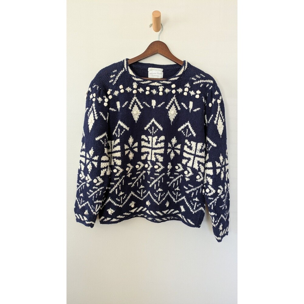 Vintage Jennifer Reed Hand Knit Sweater Sz 4 Pom Pom Cottage Cabin Navy White
